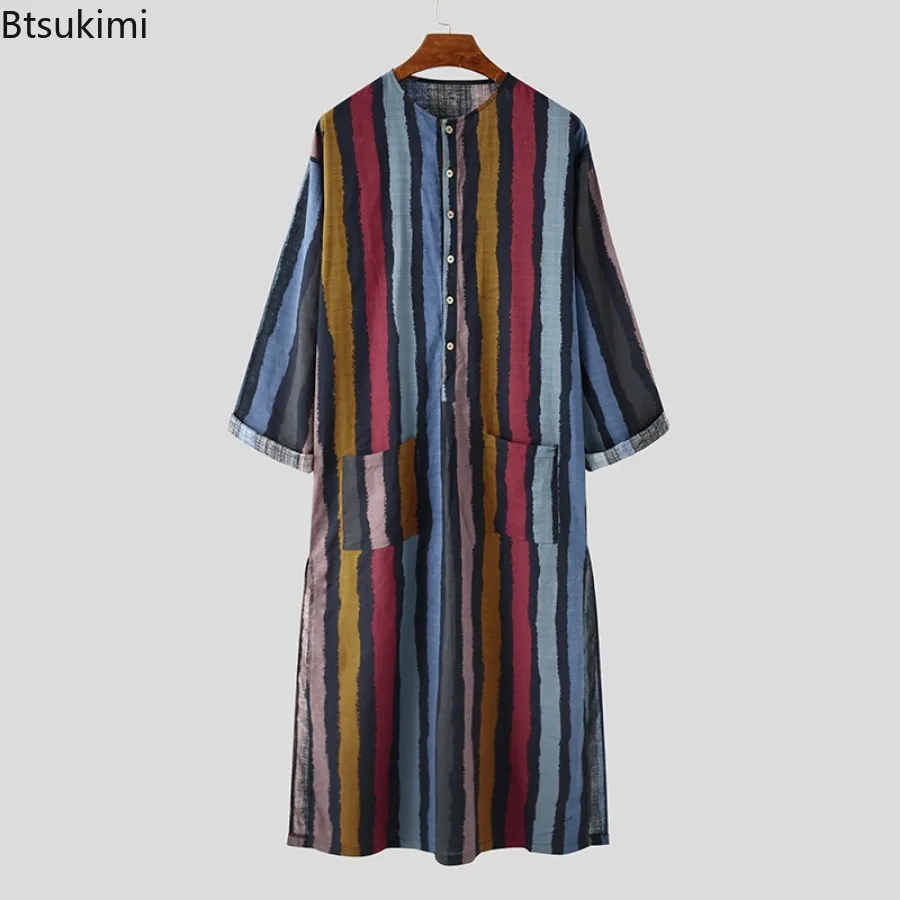 2024 Männer muslimische Kleidung Abayas Baumwolle Linie Nachthemden Bademantel Robe Kaftan Urlaub Strand Robe Mann muslimischen Kaftan arabischen Kleid