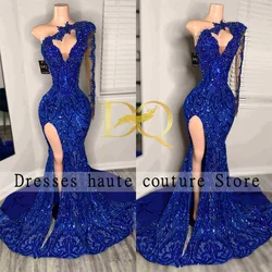 Luxury Royal Blue Sequins Mermaid Prom Dresses 2025 Black GirlsCrystals Appliques Evening Dress Wedding Party Gown Customized