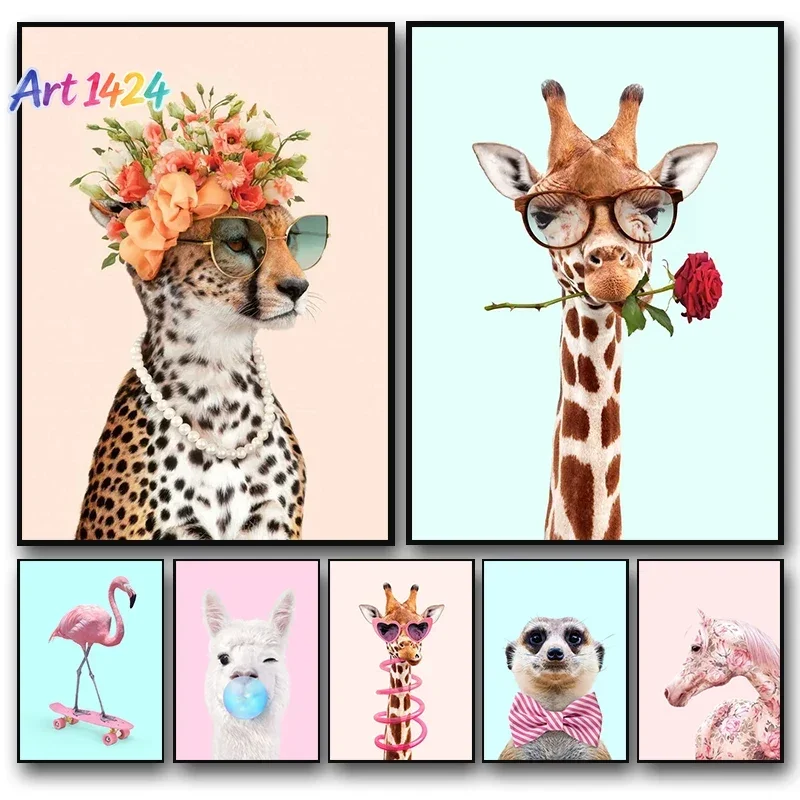 1pc frameless canvas Fashion Giraffe Zebra Flamingo Party Pink Poster Animals  Wall Art Print Picture for  Home Decoration
