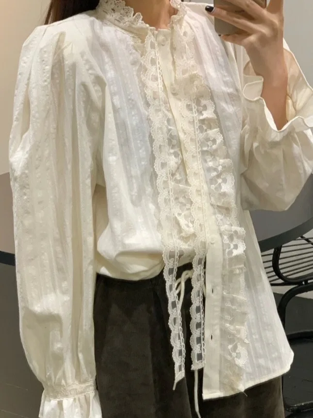 Chic Spring Sweet Anti-Aging Stand Collar ature Button Splice Wood ain  Lace Sa Long Sve Women's irt