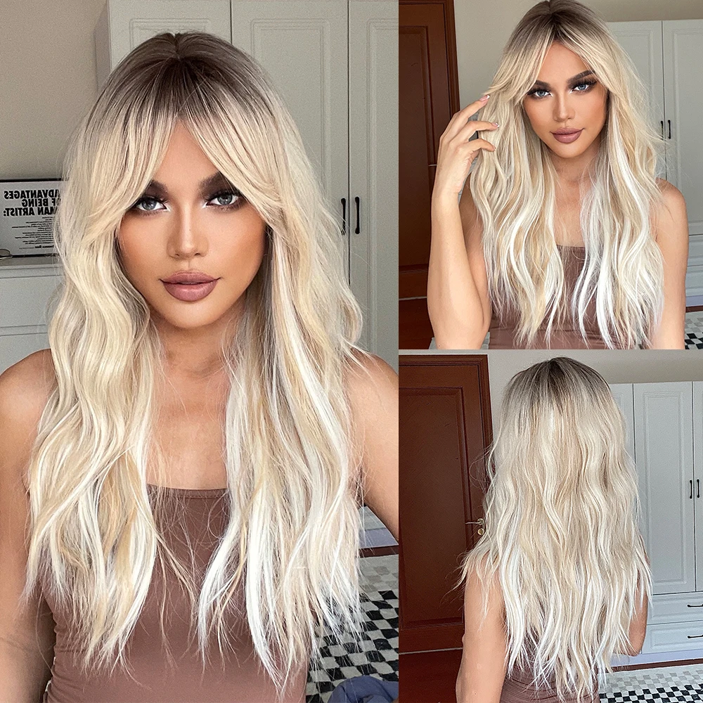 Long Blonde Platinum Wigs Natural Wavy Synthetic Wig for Women Afro Cosplay Party Wig Heat Resistant Long Culry Hiar With Bangs