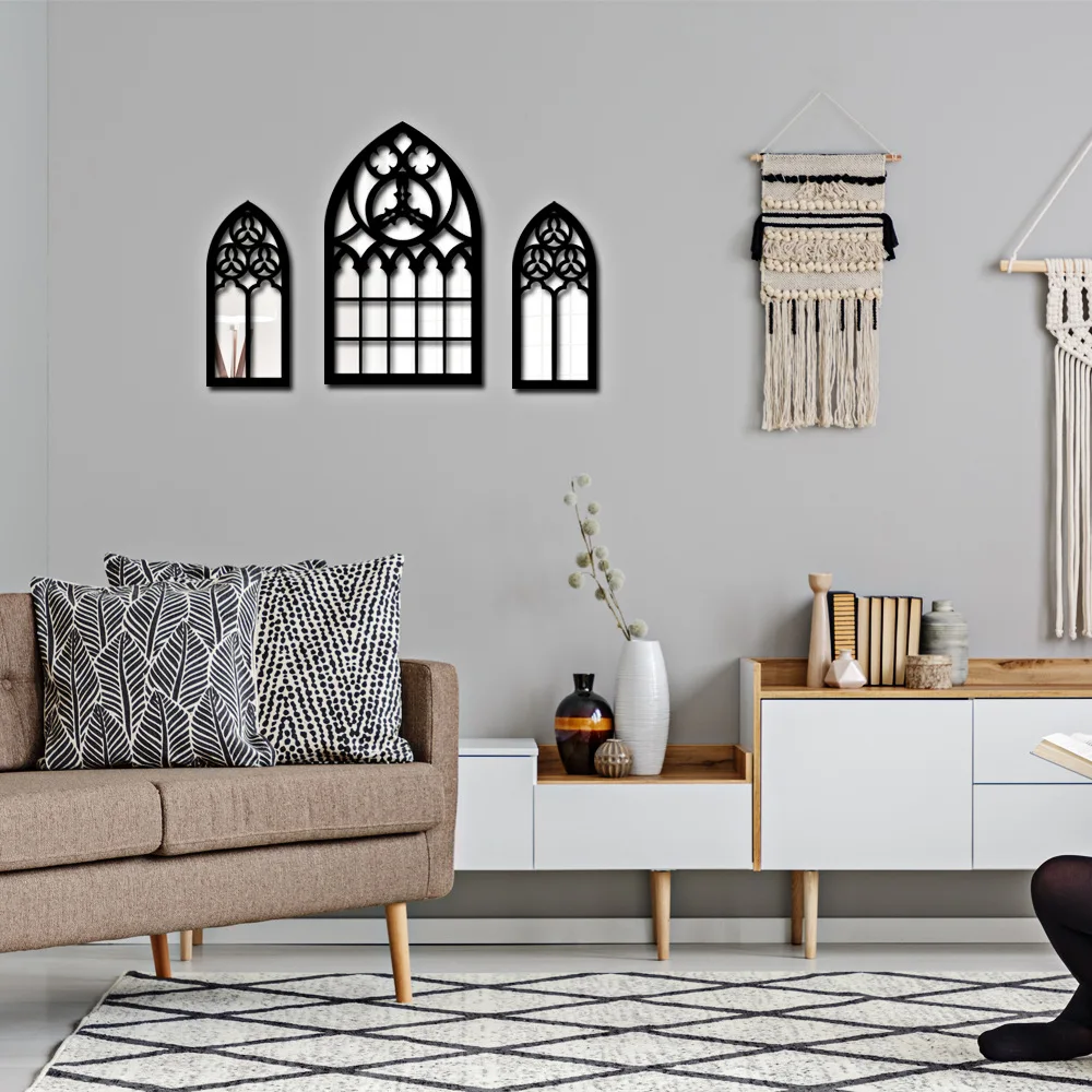Vintage Gothic Style Faux Window Wall Mirror Wood Hanging Decor for Home Decoration Art Space Bedroom Living Room Gothic Decor view 2