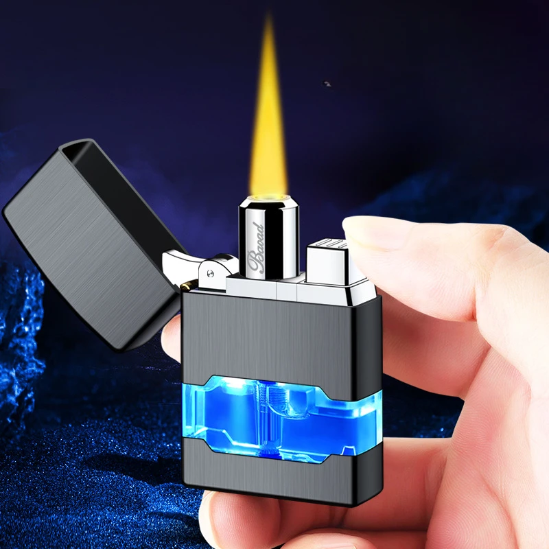 New Metal Vintage Gold Direct Flame with LED Blue Light Inflatable Windproof Lighter Cool Butane Gas Gentleman Series Lighter