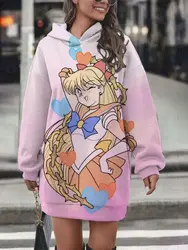 Cute sweet mid-length sweater dress Sailor Moon print casual age-reducing long sleeve Korean fashion hoodie dress