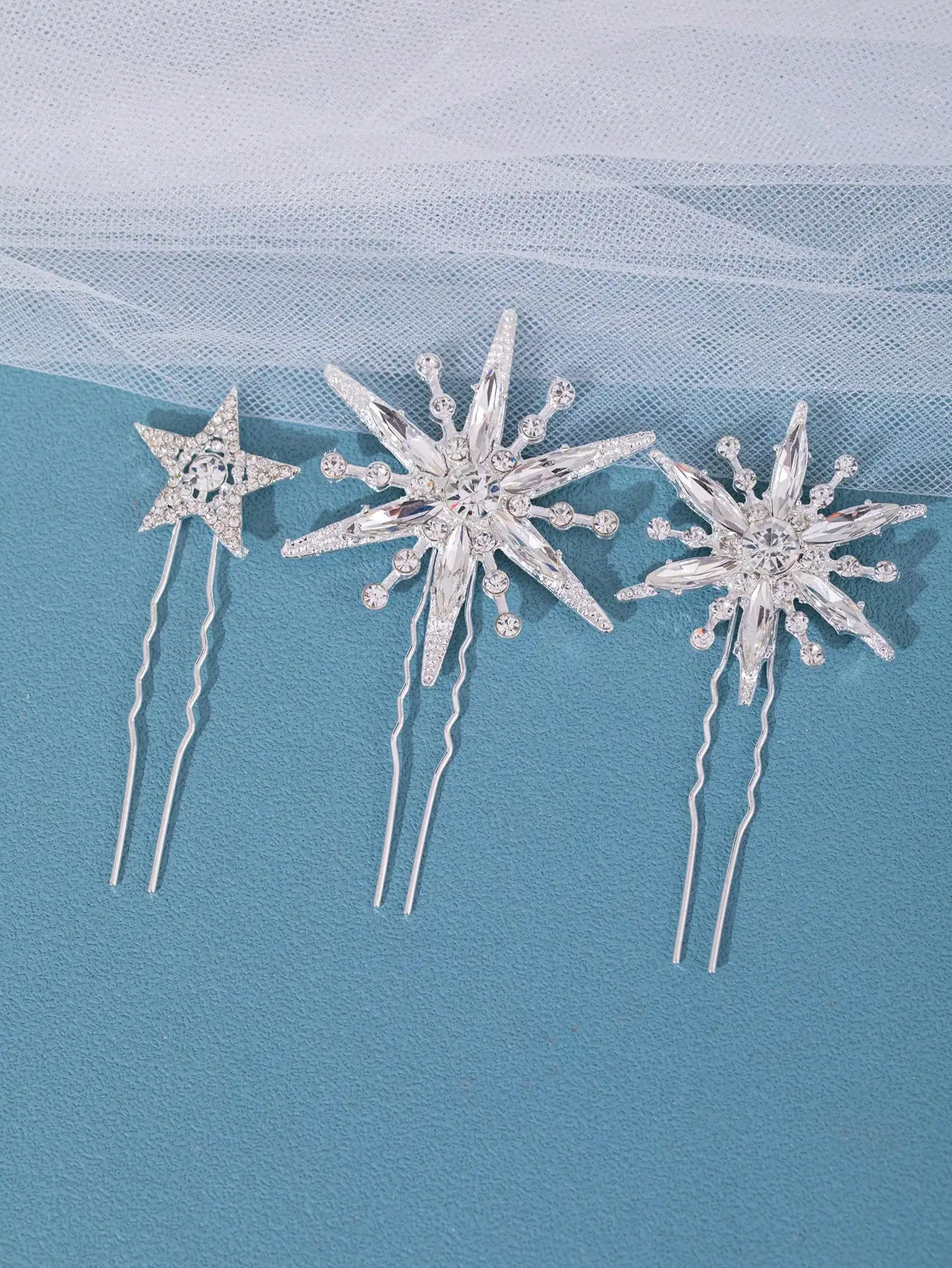 Silver Crystal Star Snowflake Hair Pins Set Rhinestone Starburst U Hair Combs Bridal Wedding Hair Accessories for Women Prom image 4