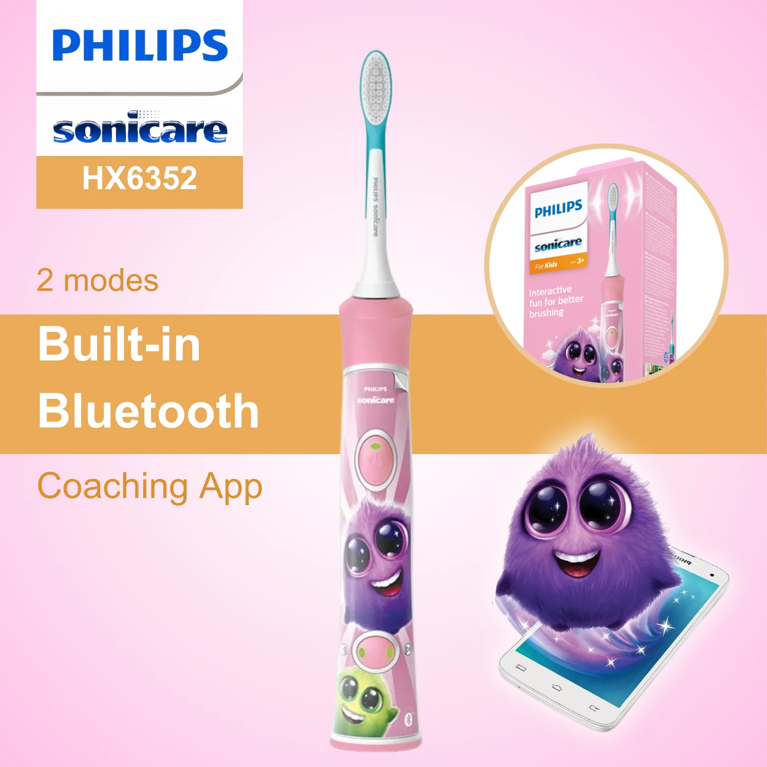 Philips Sonicare For Kids Electric Toothbrush HX6352, Built-in Bluetooth，Coaching App，2 Brush Heads，2 Modes