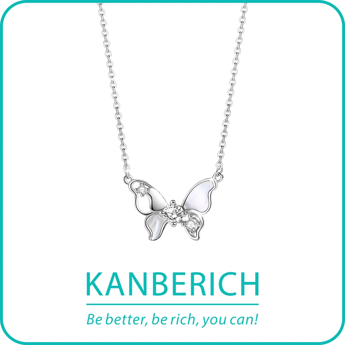 Kanberich S925 Real Sterling Silver Cubic Zirconia Seashell Butterfly Pendant Clavicle Chain Necklace