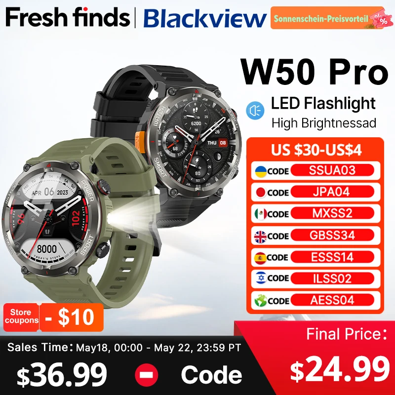 [World Premiere] Blackview W50 Pro Smartwatch 1.45" HD Display Flashlight  960mAh Bluetooth Phone Call Rugged Smartwatch