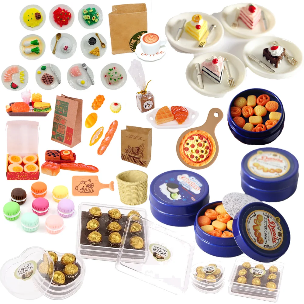 1/12Doll House Food Accessories, Mini Cake Pizza Bread Dining Plate,Cookies&Chocolate Food Boxe,Scene Simulation For Barbis Toys