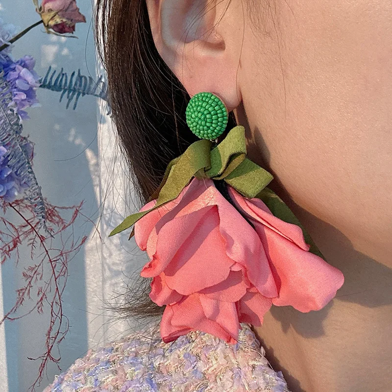 

Cloth bow flower earrings holiday wedding banquet European and American fashion exaggerated handmade long ear accessories