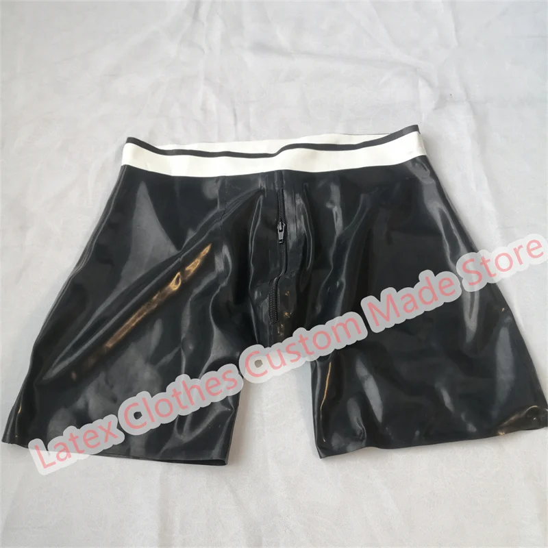 Latex Shorts Panties Black with White Front Zip Sexy Short Pants Rubber Men's U Pouch