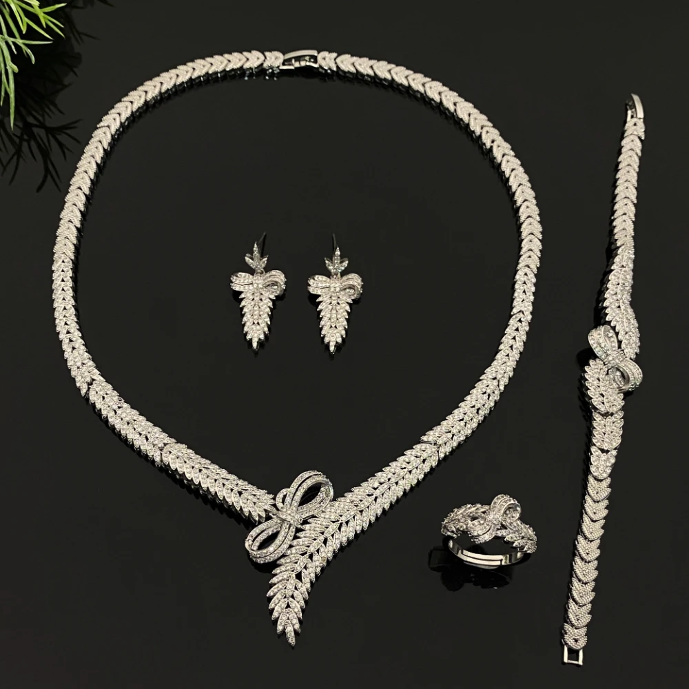 

JRH Moroccan Bridal Wedding Jewelry Set for Women Elegant Cubic Zirconia Copper Bracelet Ring Necklace Earrings