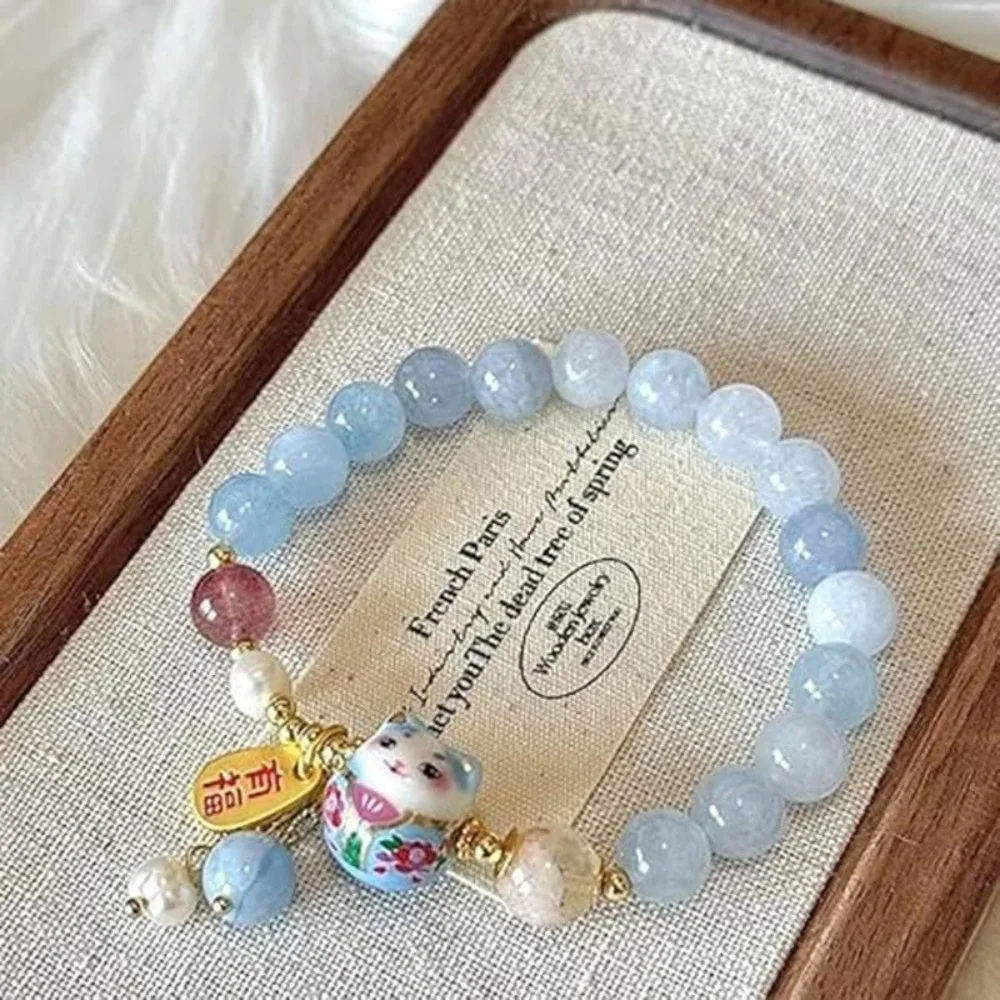 New Blue Crystal Lucky Cat Bracelet Ceramic Cat Pendant Cute Good Luck Jewelry Wealth Protection Bracelet Fortune Enhancement