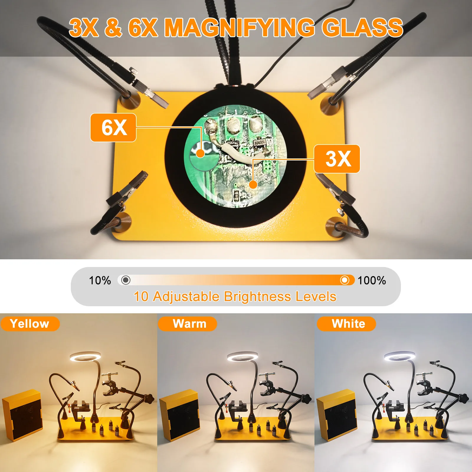 Toolour mani di aiuto magnetiche che saldano di terza mano con lampada per lente d\'ingrandimento 3X 6X supporto per PCB per ventola di scarico del