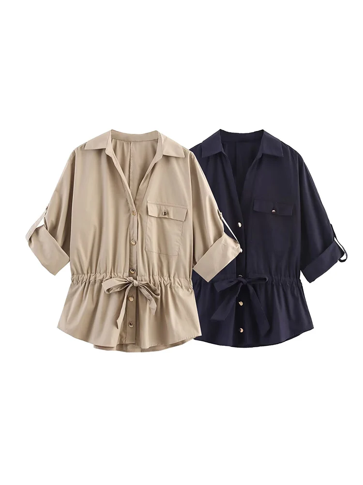 European and American style autumn new fashion trend women's clothing lace-up long-sleeved design sense safari shirt