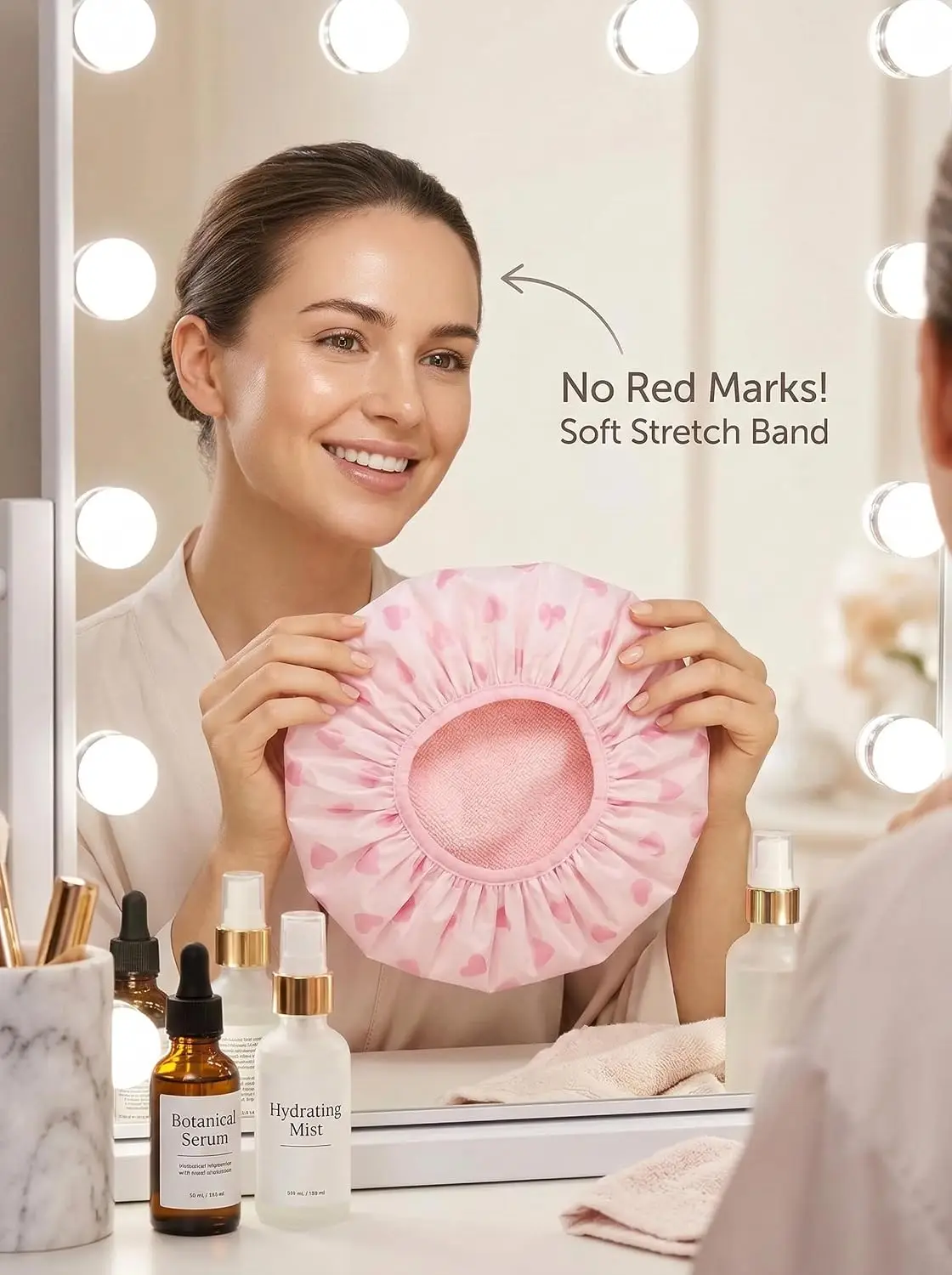 Shower Cap for Women Terry Cloth Lined EVA Waterproof Reusable Large Bath Hair Cap Pink