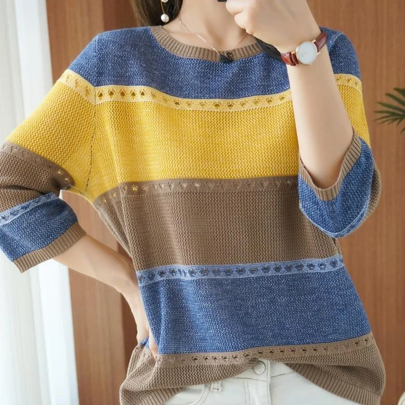 Women Sweater 3/4 Sleeve Korean Fashion Striped Pullover Summer Spring Thin Hollow Out Loose 2026 Female Clothing