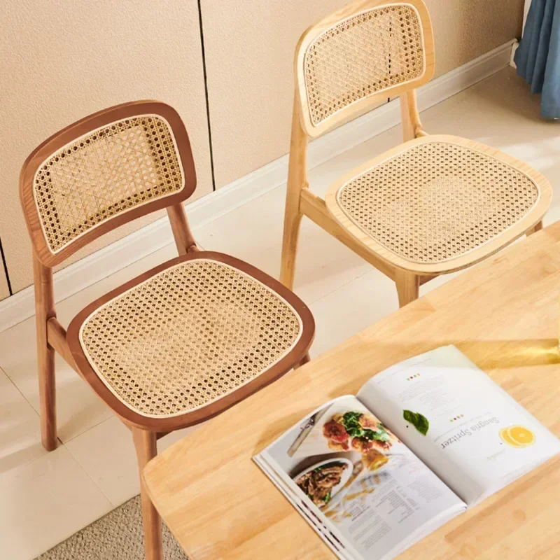 Dining Chairs Walnut Color Nordic Simple Solid Wood Rattan Woven Household Leisure Backrest Living Room Furniture Comfort