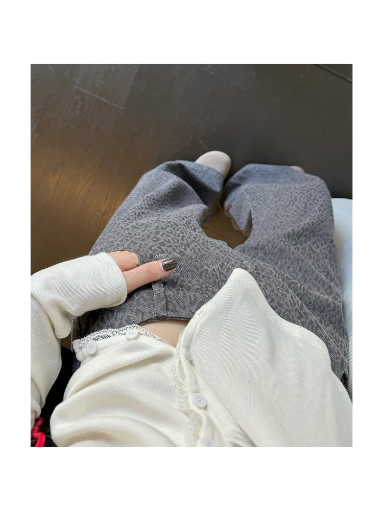 

American Sle High Waist Wide Leg Pants Leopard Print Loose Straight Cut Jeans Women's Casual Autumn Season ey And White