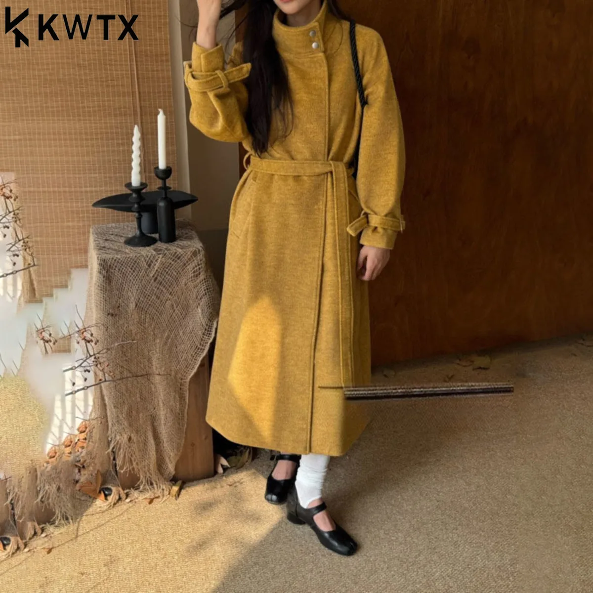 

KWTX 2025 Women's Vintage Solid Long Wool Coat Stand Collar Two-Button Belted Pockets Elegant High Quality New Style Autumn