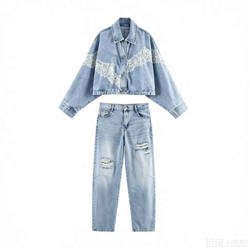 Oligai Lace Patchwork Cropped Denim Jacket + Ripped Straight Jeans Set for Women –  Light Blue Casual Two-Piece