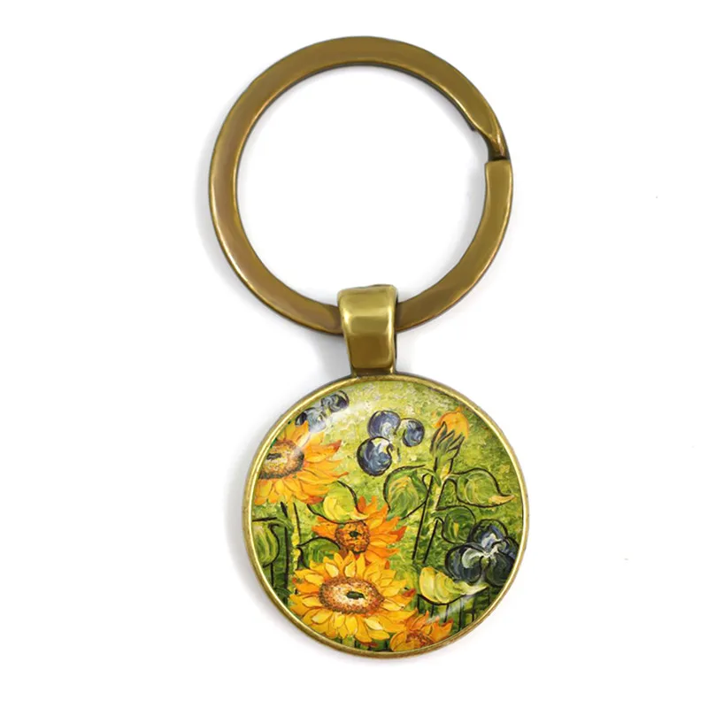 Van Gogh Almond Branch Flowering Art Keychian Sunflowers Art Vintage Bronze Glass Cabochon Key Rings Holder For Women Men Gift