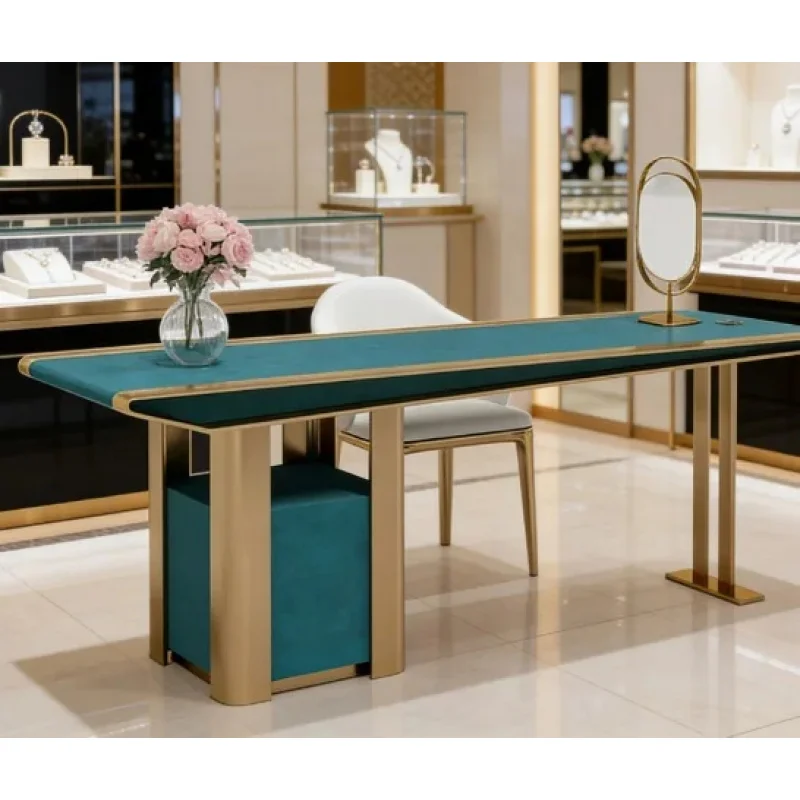 custom.Luxury Jewelry Display Cabinet Gold Metal Frame Customizable Velvet Top LED Lit Showcase Retail Stores-Durable High Q
