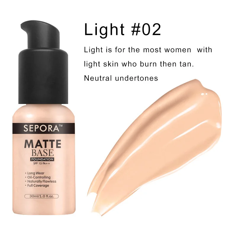 Base líquida mate de 6 colores SPF15 PA ++ cubierta hidratante para imperfecciones incluso tono de piel corrector Control de aceite Maquiagem 30m