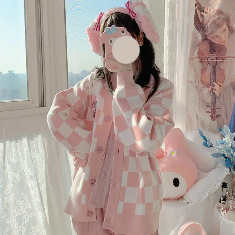 

Sanrios My Melody Pompompurin вязаный свитер с вышивкой аниме Cinnamoroll шахматная доска в студенческом стиле Jk униформа кардиган подарок