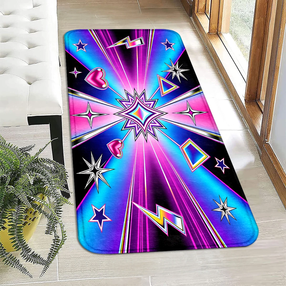 VIKAMA Y2K Neon Cyber Geometric Print Rug, Flannel Floor Mat, Aesthetic Home Decor Doormat for Entryway, Pet Friendly