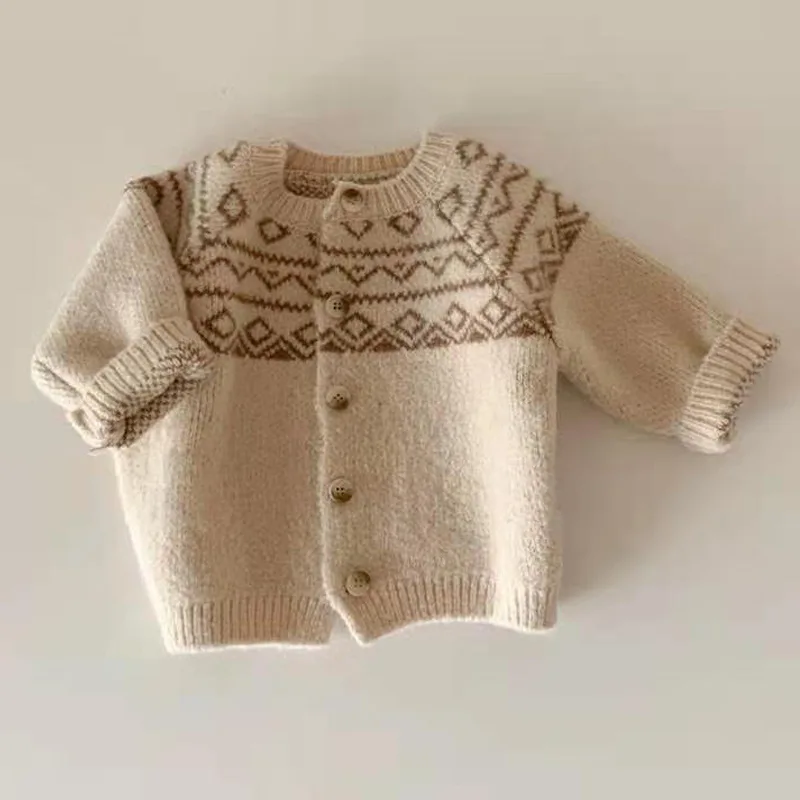 

2025 Korean Version of Baby and Children's Sweater Jacket Spring and Autumn Mori Retro Pattern Round Neck Casual Knitted Sweater