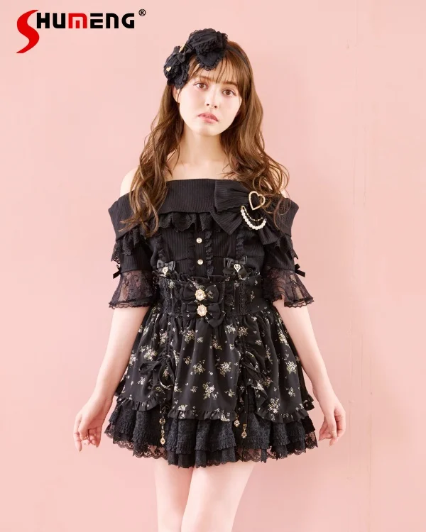 Minés japoneses estilo massa-produz liz saias doces cintura alta diamante arco rendas floral impressão versátil casual mini saia feminina