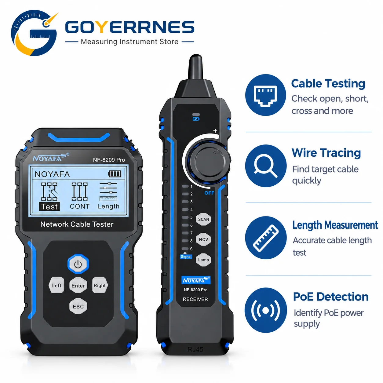 NF-8209 Pro Network Cable Tester LAN Toner PoE Length NCV RJ45 CAT5 CAT6 Ethernet Repair Tool Kit Set