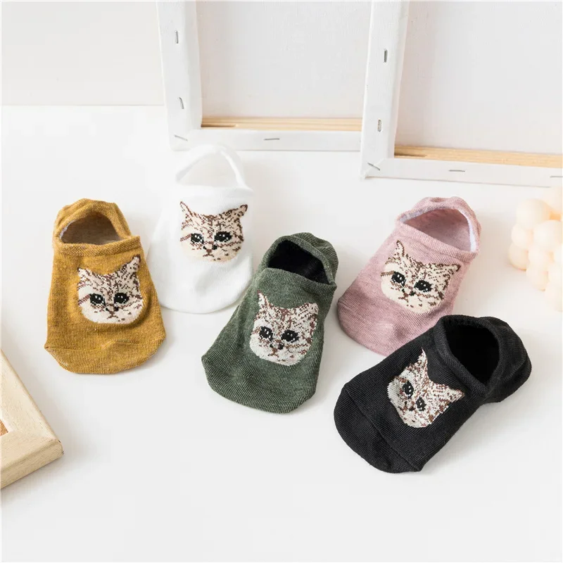 

5 пар невидимых коротких носков с кошачьей головой и темным цветком на весну, лето и осень, с защитой от падения, японские свежие милые короткие носки с низким верхом