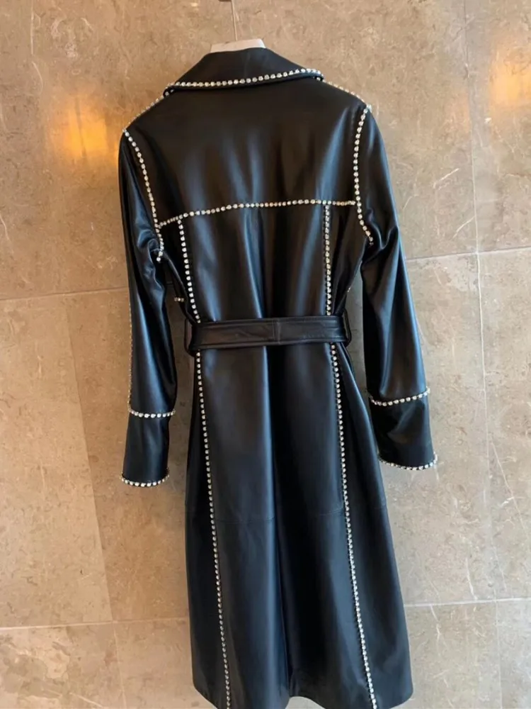 Designer Women Sheepskin Sashes Long Trench Coat Streetwear Diamonds Genuine Leather Windbreakers Female Elegant Office Overcoat