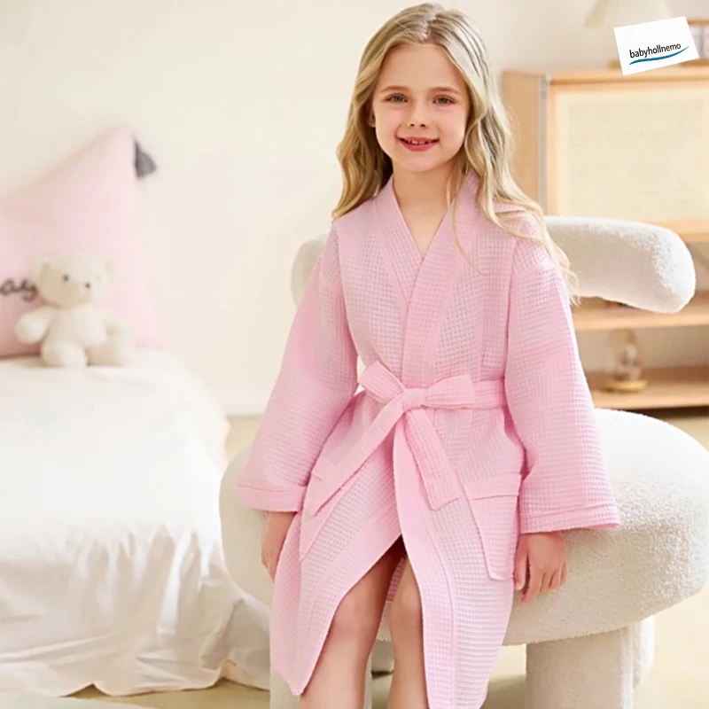 Summer Kids Cotton Waffle Bathrobe Soft Absorbent Kimono Robe Belted Homewear for Boys Girls After Bath Spa Sleepwear
