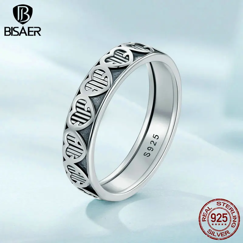 BISAER Real 925 Sterling Silver Vintage Heart Ring Embossed Promise Wedding Bands for Women Party Fashion Jewelry Gift ECR964