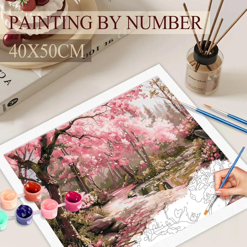 

DIY Frame Paint By Number Peach Blossoms Wall Art Picture By Numbers Scenery Acrylic Canvas Painting For Decoration