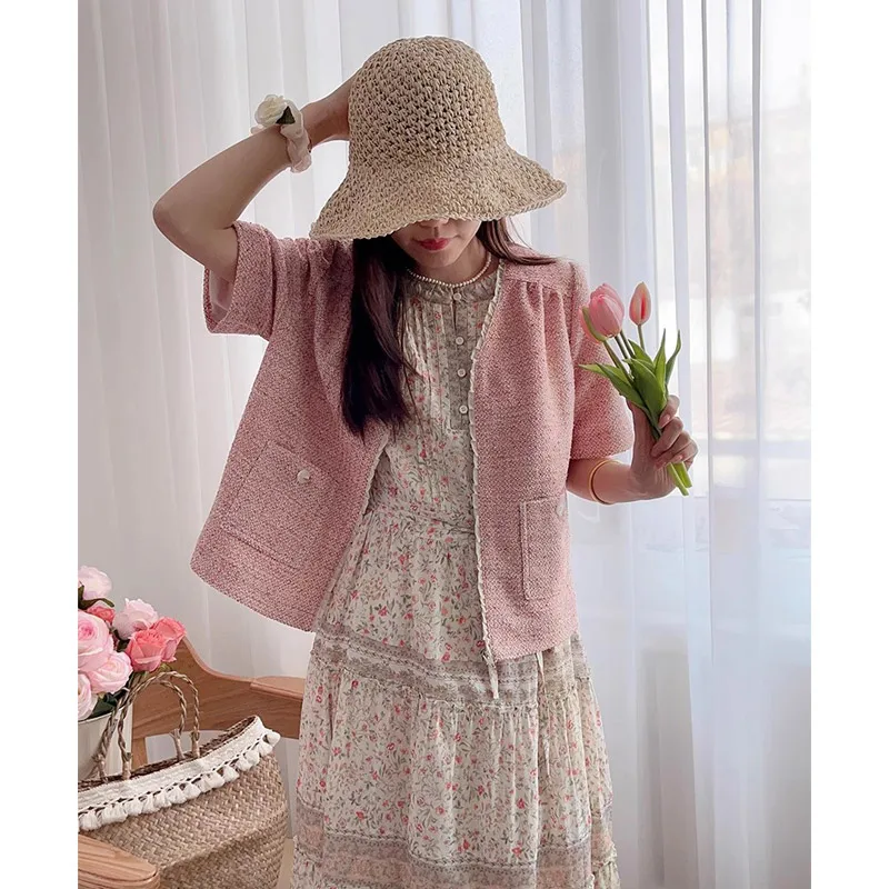 

Elegant Short Sleeve Cozy V-neck Zipper Design Women's Jacket Fine Knit Island Style Spring Summer Fashion Ladylike Outerwear