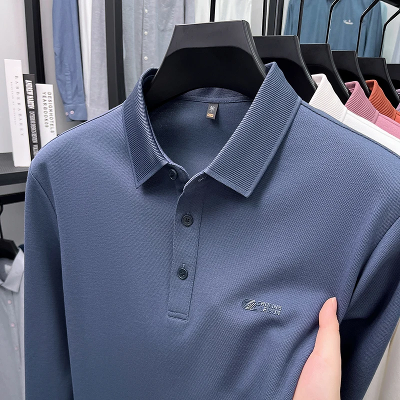 

Solid color men's polo shirt long sleeved T-shirt with collar for spring and autumn new T-shirt outfit