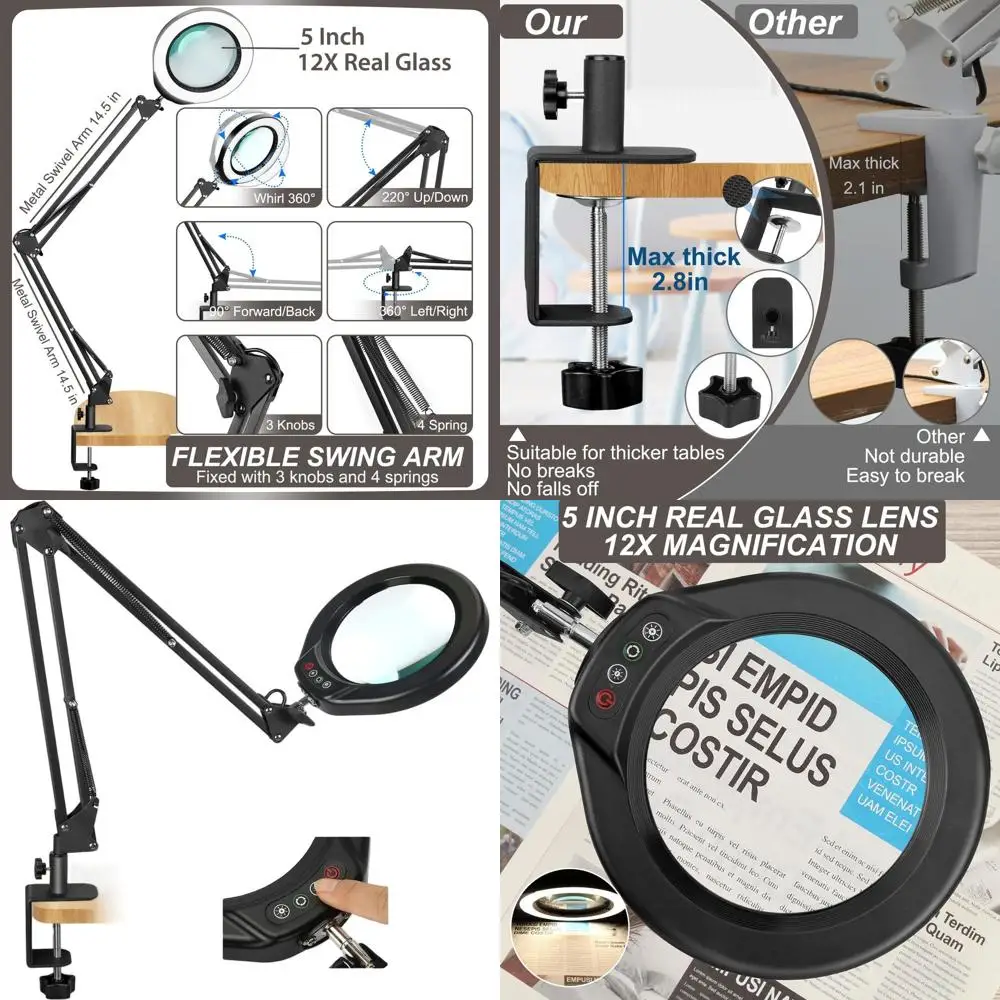 

5-дюймовая светодиодная настольная лампа с поворотным кронштейном, диммером, подставкой и увеличительным стеклом для чтения и рукоделия