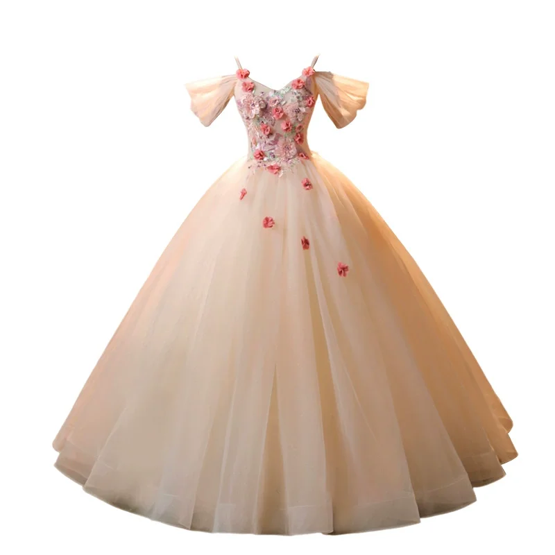 100% echte Champagner blume Perlen Ballkleid Hof mittelalter liches Kleid Renaissance Kleid Königin Victorian /Marie/Drama/