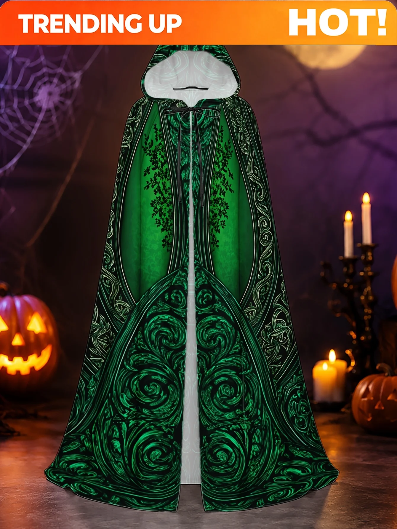 Customization 1pc Full-Body Costume Cape With Elegant Green Swirl Hooded Hooded Cape - Unisex Long Loose-Fit Hooded Cloak Suitab