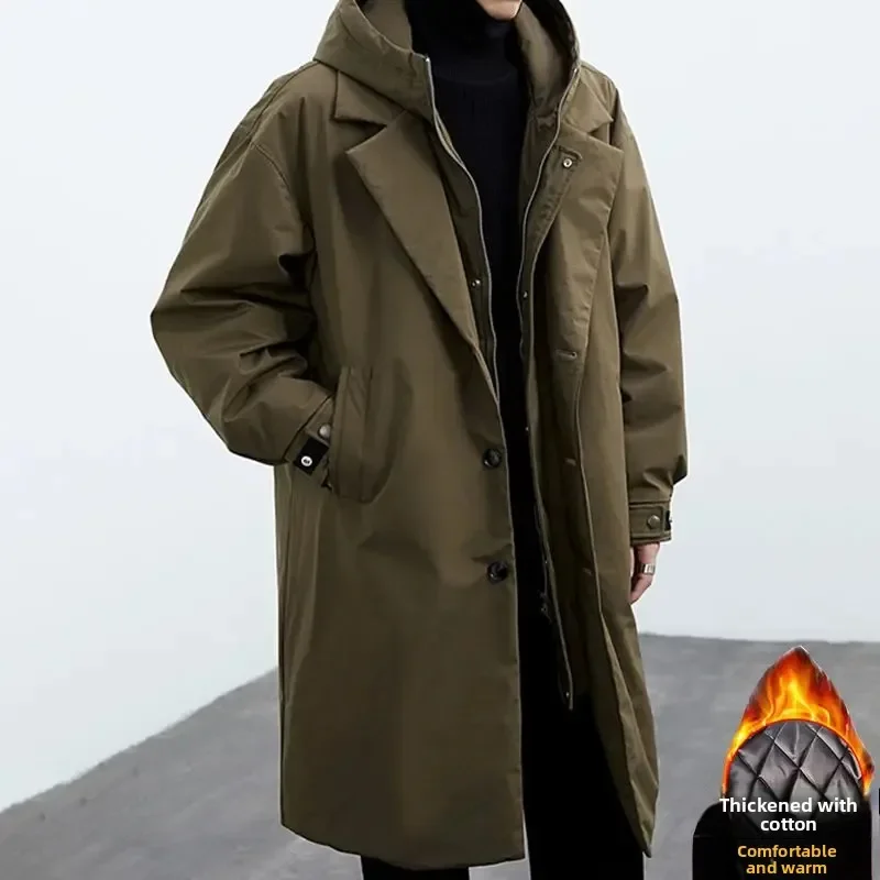 New winter and autumn style Korean-style trendy long coat for men - fake two-piece hooded mid-length windbreaker style for men