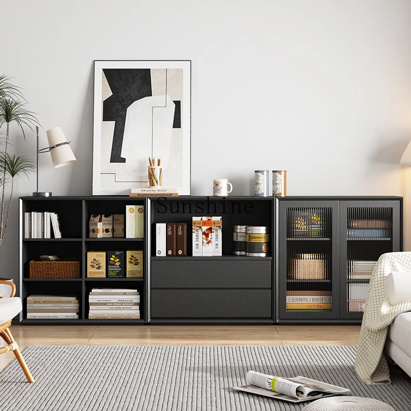 

Solid wood combination black bookshelf modern simple shelf floor-to-ceiling household storage glass door
