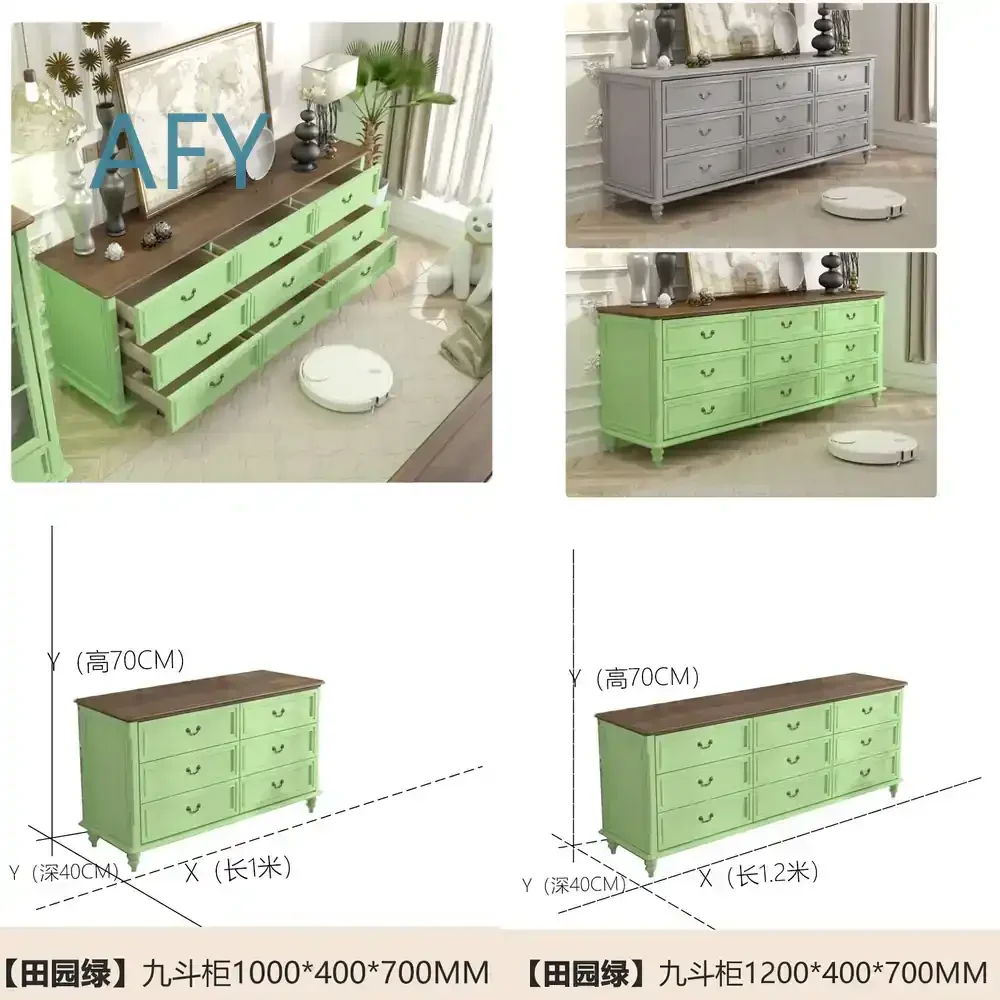 Home American Rural Retro Style Pure Solid Wood Nine Drawer Chest for Bedroom Living Room Storage Locker 1.2m 1.4m for 1