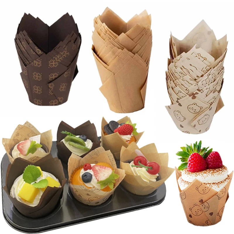 50Pcs/100Pcs Tulip Cake Cups, Cupcake Liners, Natural Color, Gold Flower and Bear Oil-Proof Baking Cups, for Baking Muffins and Cupcakes, Perfect for Christmas Parties and Birthday Celebrations