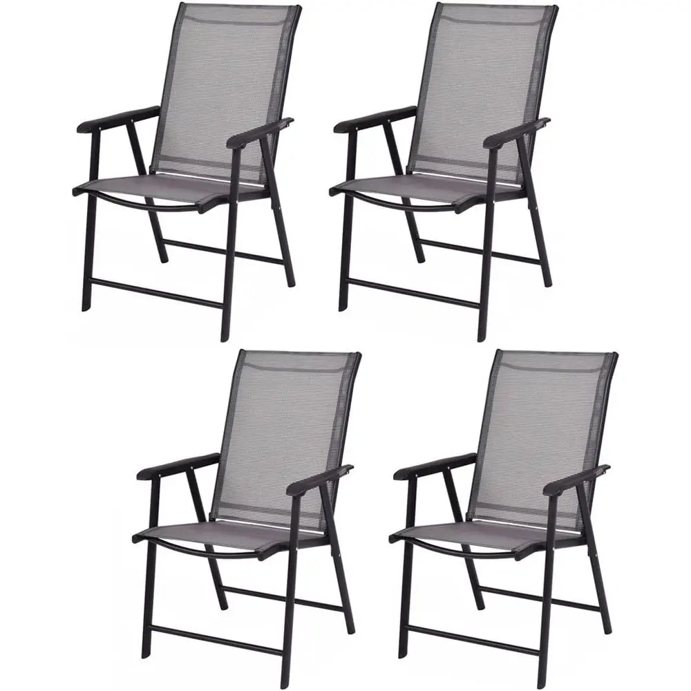 

4-Piece Foldable Patio Dining Set, Portable Outdoor Chairs for Garden, Camping, Pool, Beach, Grey Metal Sling Armchairs