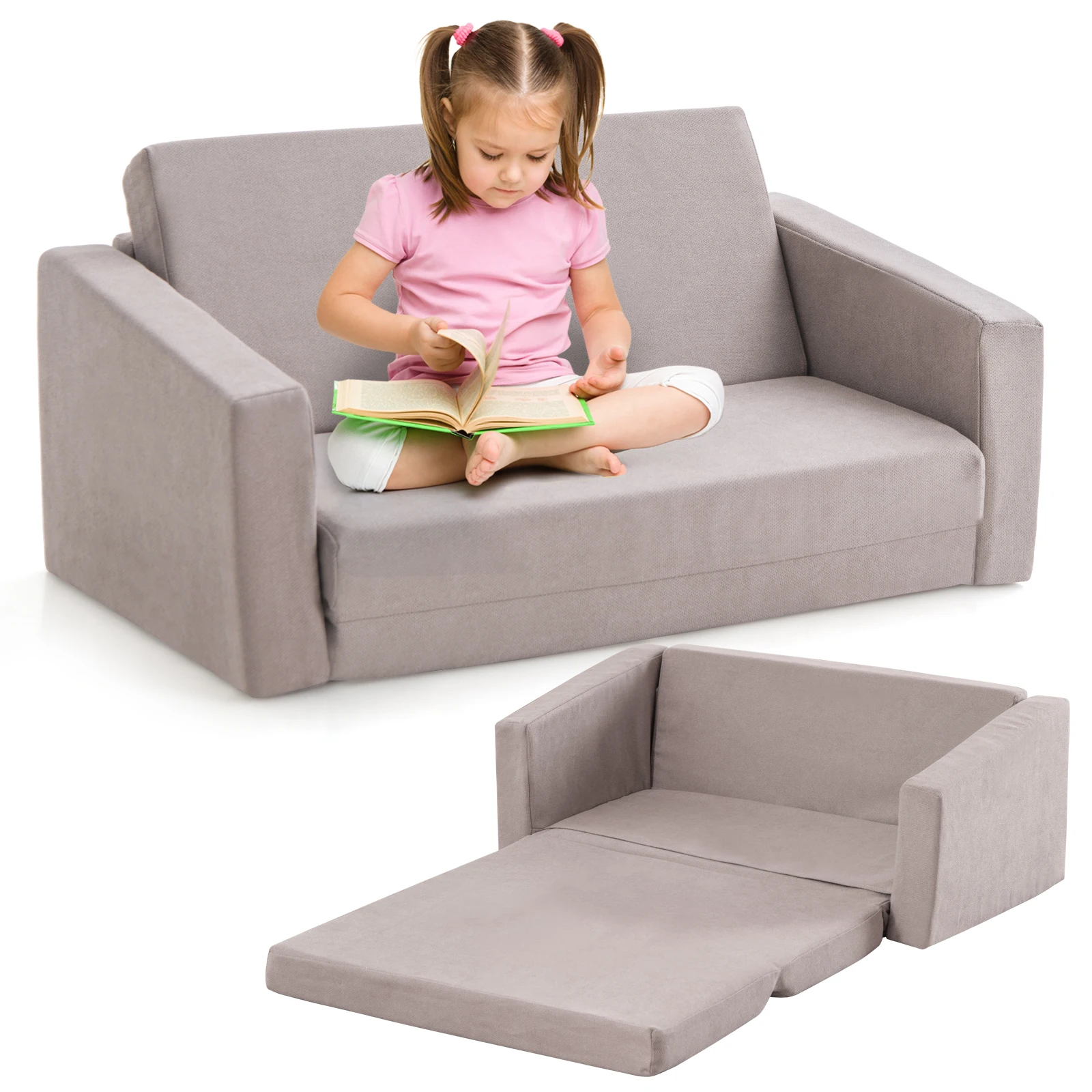 GOFLAME 2-in-1 Toddler Fold out Couch, Convertible Sofa to Lounger with Soft & Machine Washable Sofa Cover