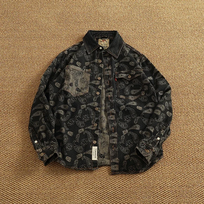 

Spring New American Retro Heavyweight Denim Cargo Printed Shirt Double Pocket Men's Simple 79% Cotton Washed Casual Thin Jacket